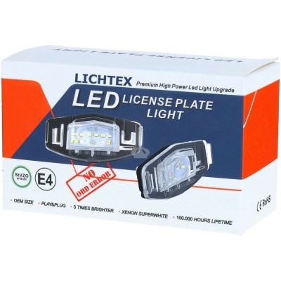 Caixa de luz LED branca para placa de matrícula LICHTEX com texto e imagens do produto