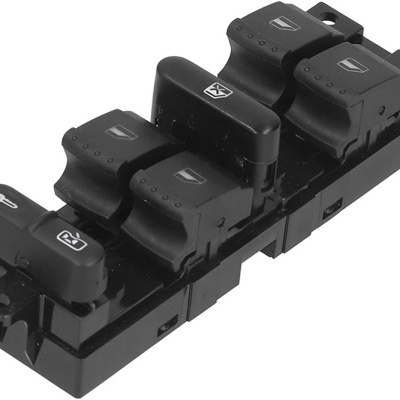 Comando elétrico para janelas de carro preto com botões e ícones brancos