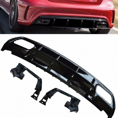 Difusor traseiro preto brilhante para carro, com escape duplo cromado, visto na traseira de carro vermelho