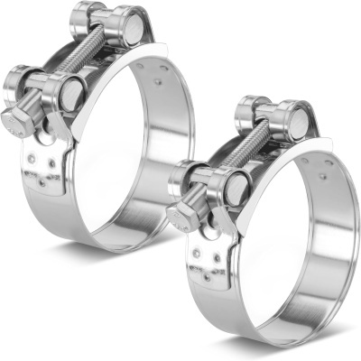 Duas braçadeiras de aço inoxidável prateado com parafusos de ajuste