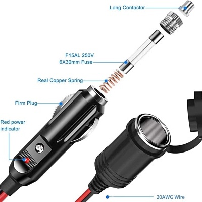 Cabo de extensão para isqueiro, impermeável, 20 AWG com fusível, 15 A, 12 V/24 V, CC
