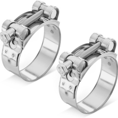 Duas braçadeiras metálicas prateadas com parafusos