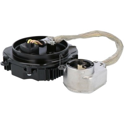 Peça eletrónica automóvel com corpo preto, parte metálica prateada e cabo revestido trançado cinzento