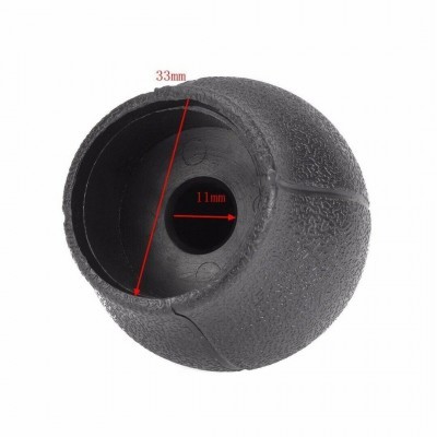 Peça plástica preta esférica com buraco central e medidas 33mm e 11mm indicadas