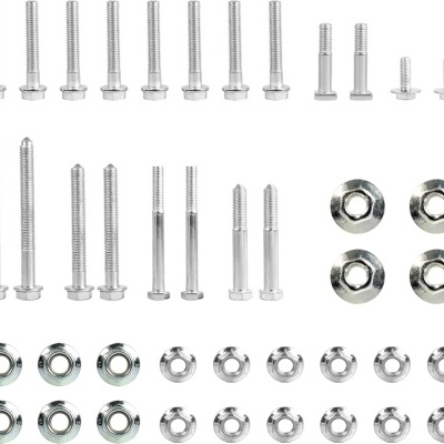 Conjunto de parafusos e porcas metálicos prateados variados dispostos ordenadamente