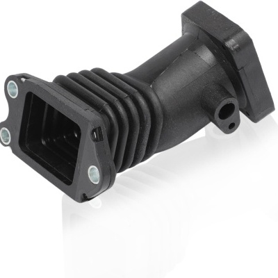 Componente tubular preto de plástico com flanges quadradas em ambas as extremidades