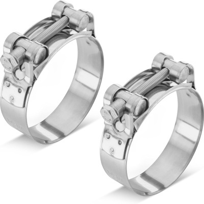 Duas braçadeiras metálicas prateadas com parafusos e porcas