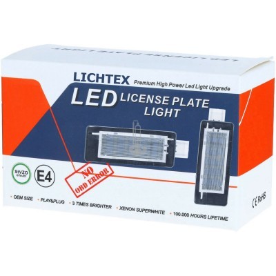 Caixa de luz LED para matrícula automóvel LICHTEX com texto e design azul, branco e laranja