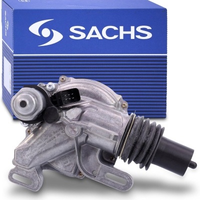 Componente mecânico metálico com anel de borracha e caixa azul com logo SACHS