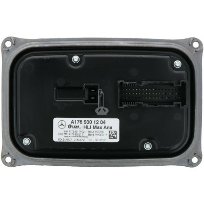 Unidade eletrónica retangular preta com estrutura metálica e adesivo com texto e código QR