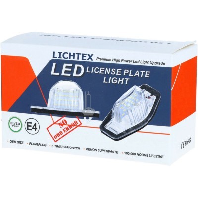 Embalagem de luz LED para matrícula automobilística LED LICENCE PLATE LIGHT da LICHTEX com imagens das luzes e texto em inglês.