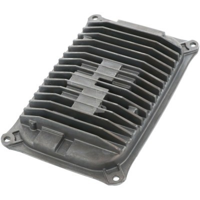 Peça mecânica metálica cinzenta com ranhuras e furos para fixação