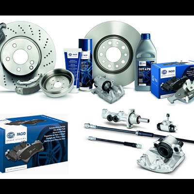 Componentes de travões automóveis incluindo discos, pastilhas, líquido DOT 4, cilindros e pinças