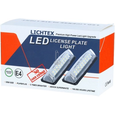 Caixa de luz LED para placa de matrícula LICHTEX com duas luzes LED na embalagem azul, branco e laranja