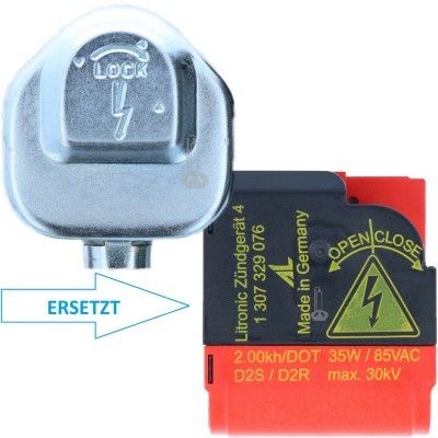 Dispositivo electrónico com peça metálica cinzenta e componente preto e vermelho com texto e símbolos de aviso eléctrico