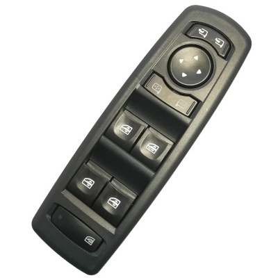 Painel de controlo de janelas de carro em plástico preto com botões e ícones brancos