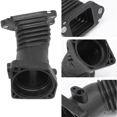 Componente automóvel preto, tubular com flange e furos para parafusos