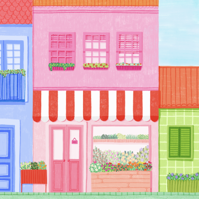 Casas coloridas ilustradas numa rua com muitas flores em vasos nas janelas e varandas