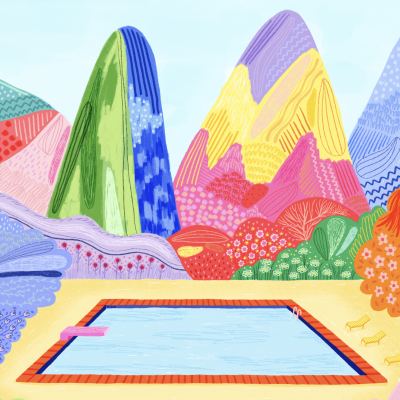 Piscina retangular em paisagem colorida com montanhas abstratas.