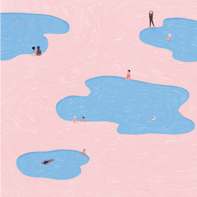 Ilustração de cinco poças de água azul em fundo rosa com figuras humanas pequenas em torno e dentro das poças.