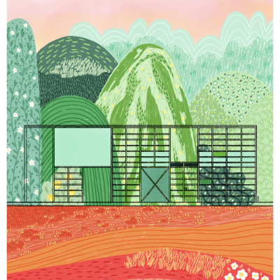 Estufa de vidro com estrutura metálica em ambiente colorido com árvores e campo ao fundo