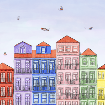 Desenho de edifícios coloridos com pessoas a nadar no céu azul