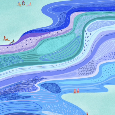 Ilustração abstrata com padrões ondulados em azul, lilás e verde e pequenas figuras humanas.