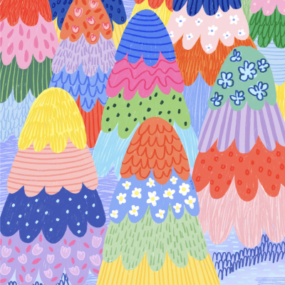 Desenho colorido de árvores estilizadas com padrões florais e cores vibrantes