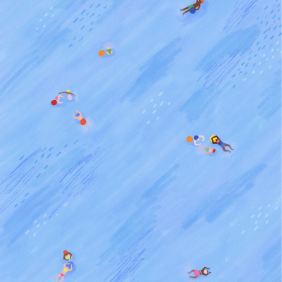 Ilustração aérea de pessoas a nadar em água azul clara com fatos de banho coloridos