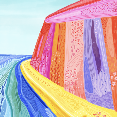 Paisagem abstrata colorida com padrões florais e formas onduladas em azul, amarelo, vermelho e roxo