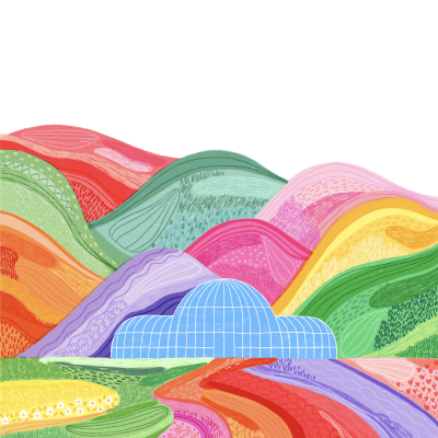 Ilustração paisagem colorida com colinas e estrutura azul