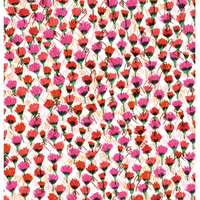 Padrão floral colorido com pequenas flores vermelhas, rosas e laranjas sobre fundo branco