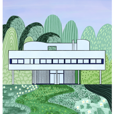 Ilustração de casa moderna branca com janelas azuis e relva verde em redor