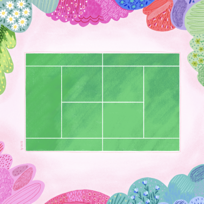 Ilustração de campo de ténis verde rodeado por flores coloridas