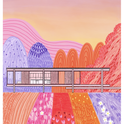 Casa moderna estilizada num campo colorido com colinas e árvores ao pôr do sol.