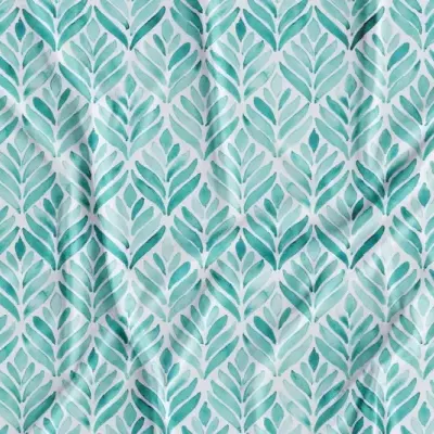 Tecido estampado com folhas verde-água sobre fundo branco