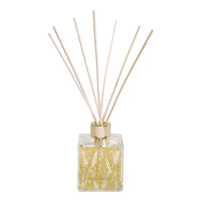 Difusor de ambiente em vidro com padrões dourados e varetas de madeira