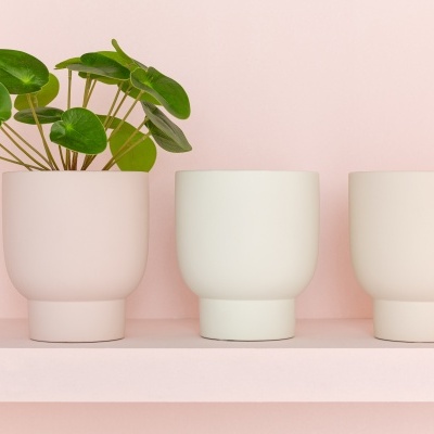 Três vasos minimalistas em tons pastel, um com planta verde, sobre prateleira rosa