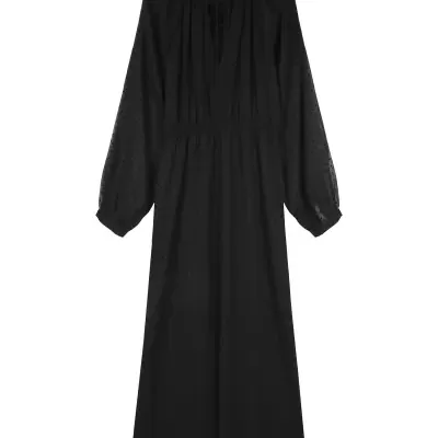 Vestido comprido preto com bolinhas texturizadas e mangas compridas