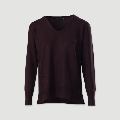 Camisola de malha fina vinho com decote em V e mangas compridas