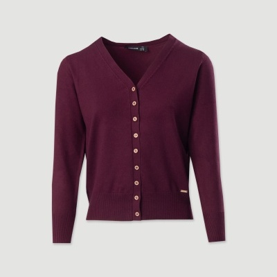 Casaco de malha bordô com botões e decote em V