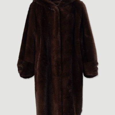 Casaco comprido de pele sintética castanho escuro com capuz