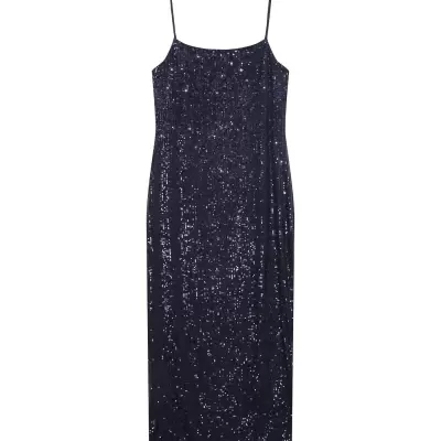 Vestido comprido azul com lantejoulas e alças finas