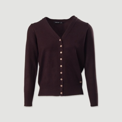 Camisola cardigã feminina castanha escura com botões e decote em V