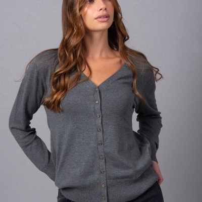Cardigã cinzento de malha com botões frontais e decote em V