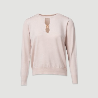 Camisola rosa claro de manga comprida com recorte decorativo no peito