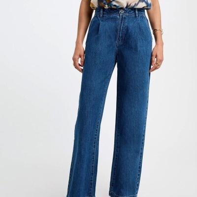 Calças de ganga azuis de perna larga com cós alto