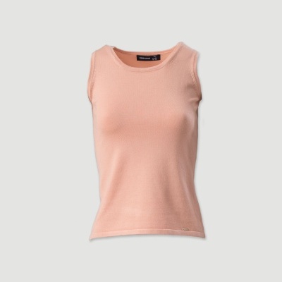 Top feminino rosa claro, malha texturada, sem mangas, com etiqueta ZOE KARSSEN