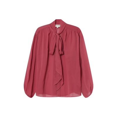 Blusa feminina rosa escuro com gola laço e mangas compridas