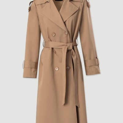 Trench coat bege comprido com botões duplos e cinto